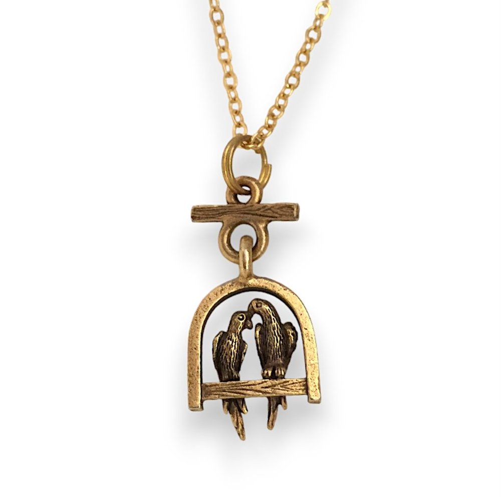 Miniature Love Birds on a Perch Bird Cage Couple Charm Gift Necklace